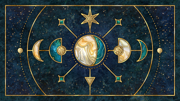 抽象的宇宙背景与黄金金属箔和大理石纹理镶嵌。神圣几何学与天体主题，恒星和行星。月球阶段壁纸图片下载