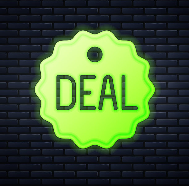 发光的霓虹灯交易图标孤立在砖墙上图片下载