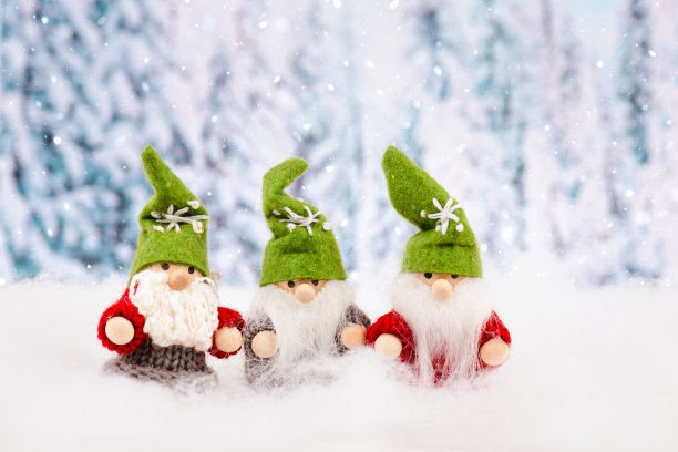 小可爱的圣诞精灵站在雪地里，森林里，节日贺卡，复印空间，冬天的时候图片下载