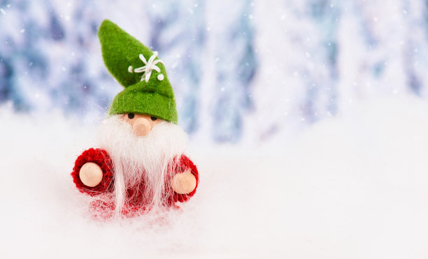 小可爱的圣诞精灵站在雪地里，森林里，节日贺卡，复印空间，冬天的时候图片下载