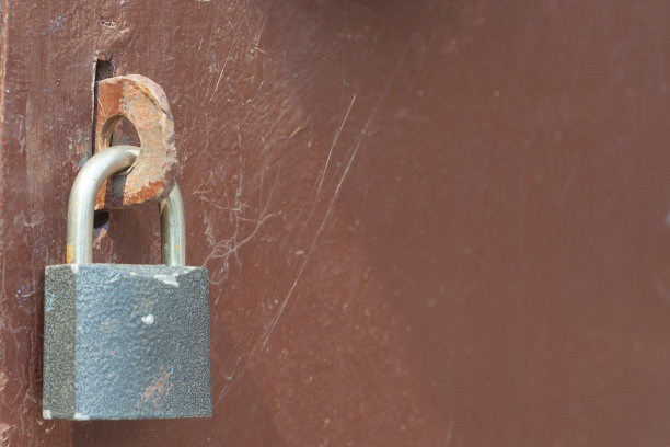 一个用金属挂锁和蜘蛛网锁住的铁门的特写。长时间封锁的概念，安全、业务关闭、隔离。副本的空间。图片下载