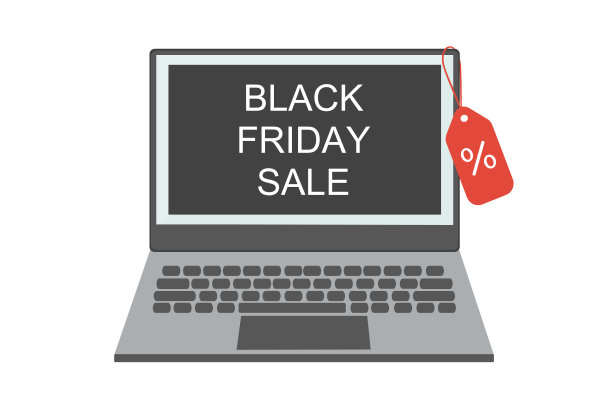 黑色星期五概念与黑色星期五销售网页横幅在笔记本电脑屏幕。红色标签与折扣标志挂在笔记本电脑上。图片下载