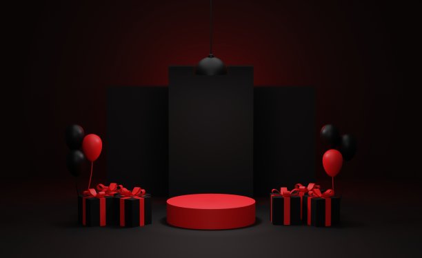 3D渲染插图模拟黑色星期五销售几何讲台背景与惊喜盒和气球图片下载