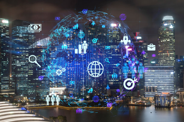 发光的社交媒体图标在夜间新加坡，亚洲城市全景。网络的概念，在人和企业之间建立新的联系。双重曝光。图片下载