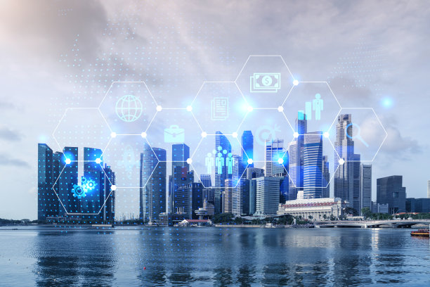 研发新加坡全景城市全息图，新技术的中心，以优化在亚洲的业务。超越机会的概念。双重曝光。图片下载