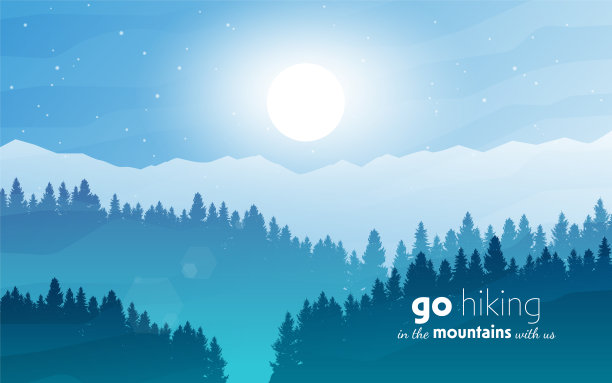 向量景观，夜景在自然与山和森林，剪影的树木。徒步旅游。冒险。极简主义的图形传单。多边形平面设计，适用于礼券、礼券、礼品卡等图片下载