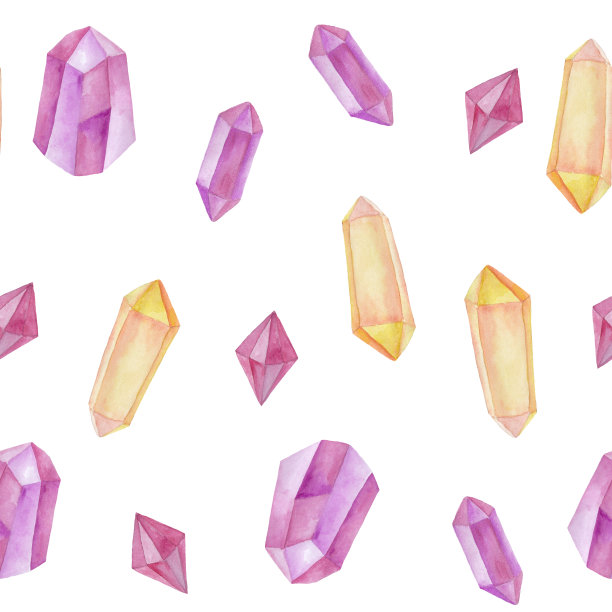 水彩无缝图案与彩色能量魔法晶体。矿物质是粉色、紫色、黄色。装饰设计用插图。图片下载