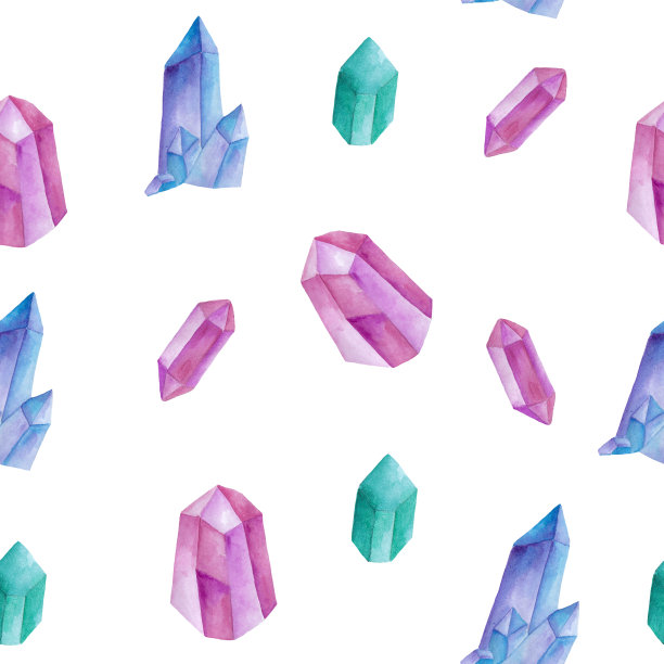 水彩无缝图案与彩色能量魔法晶体。矿物质有粉红色、蓝色、紫色和绿色。装饰设计用插图。图片下载