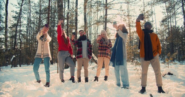 有问题。快乐有趣的多民族的人在阳光下雪的冬天森林的慢动作的个人手机照片。图片下载