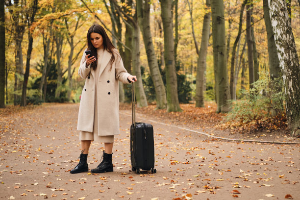 迷人的休闲女孩在大衣专心使用手机站在秋天的公园手提箱图片下载