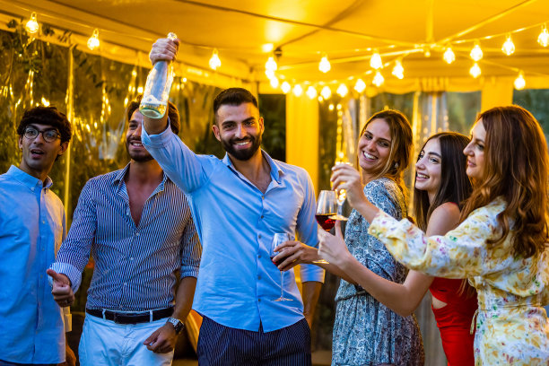 一群朋友在一起喝酒作乐，一群年轻人在晚上聚会庆祝，一群人在一起庆祝婚礼、新年、圣诞节的幸福时刻图片下载