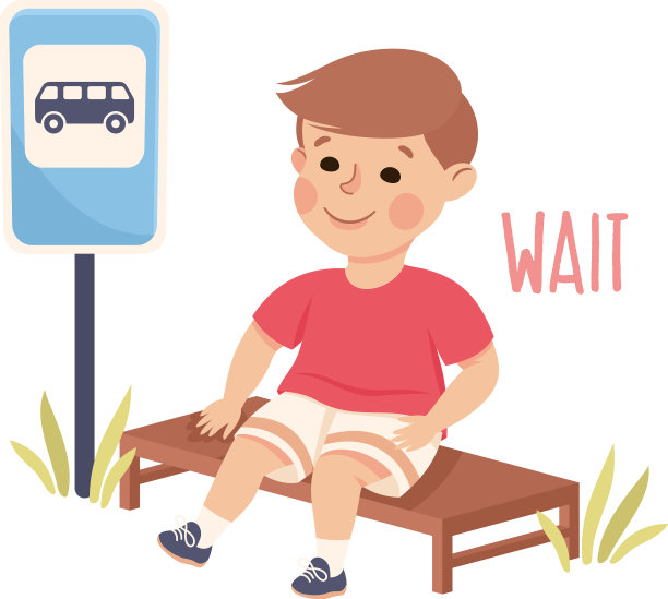 小男孩坐在长椅上等公共汽车图片下载