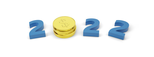 三维2022年，美元硬币孤立在白色背景上。新年的概念。3 d演示。图片下载