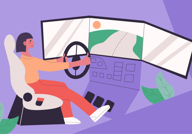 年轻女子用游戏方向盘学习驾驶。驾驶学校，模拟驾驶课程。女孩玩赛车电子游戏，自动模拟器。矢量平现代孤立的插图在时髦的颜色图片下载