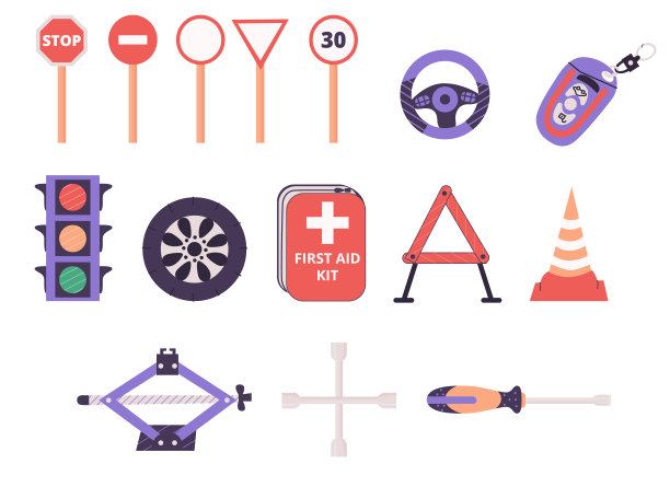 驾校集不同元素。交通标志、信号灯、方向盘和汽车车轮、急救箱、三角警示牌、汽车千斤顶、车轮扳手、锥体、钥匙。平面矢量插图在流行的颜色图片下载