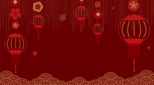 快乐中国新年2022向量背景。祝福旗与生肖符号，灯笼，云，花，纹理效果上暗红色的背景。图案以简单的平线风格图片下载