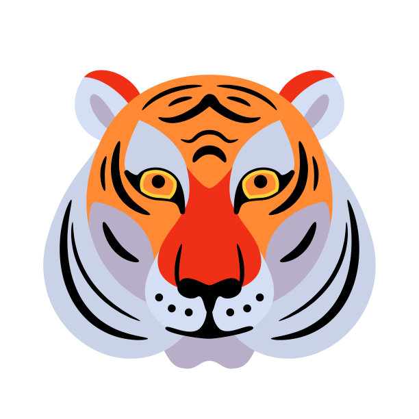 老虎脸矢量背景。平面设计动物元素，以简单的几何平面卡通风格迎接新年。孤立在白色图片下载