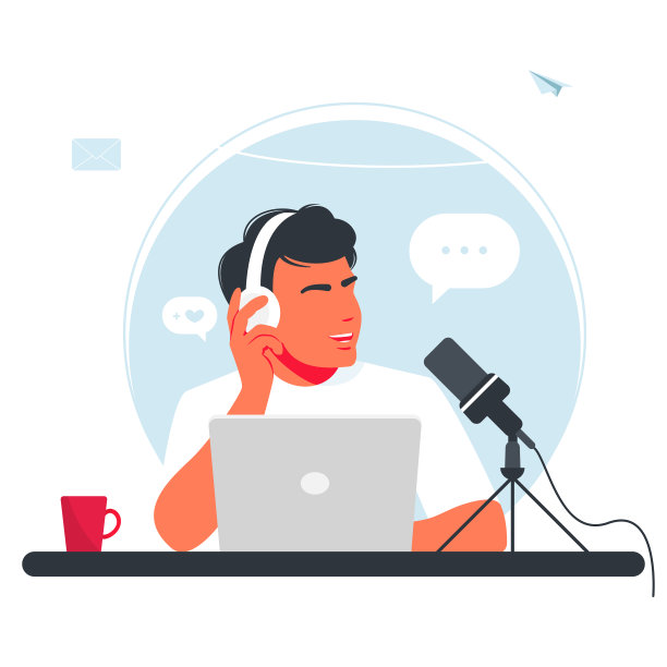 这个男人正在录制播客。戴着耳机的男孩对着麦克风说话。电台的DJ正在网上广播。快乐的人电台主持人采访嘉宾，大众媒体广播孤立于白图片下载