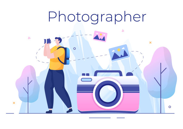 摄影师平面设计背景与相机，数字电影设备技术和图片人在卡通风格矢量插图图片下载