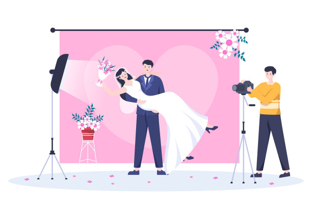 婚纱摄影平面设计。摄影师拍摄模型男人和女人与婚礼主题或新娘夫妇使用相机在卡通风格矢量插图图片下载