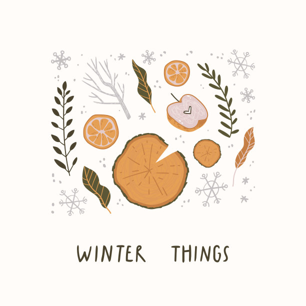 冬天的事情。圣诞插画与冬天的符号和小事情和手绘字母。图片下载