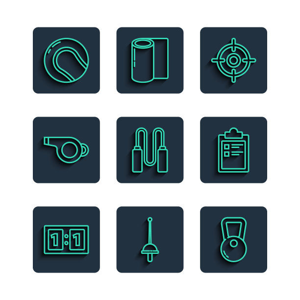 设置线运动机械记分牌，击剑，壶铃，目标运动，跳绳，哨子，棒球和训练计划图标。向量图片下载