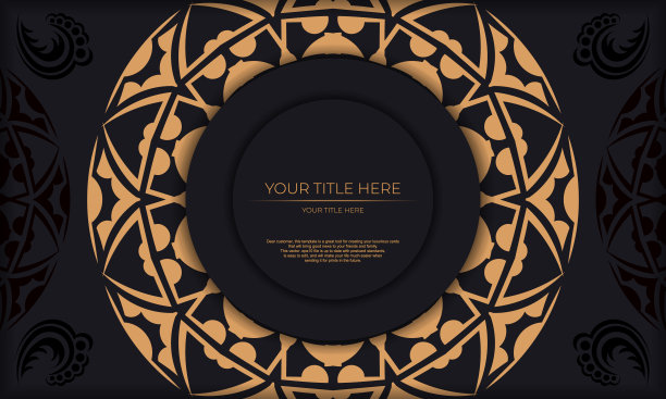 黑色横幅模板与豪华橙色饰品和地方为您的标志。希腊图案的明信片设计。图片下载