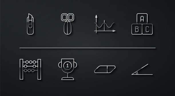 设置线文具刀，算盘，ABC块，橡皮或橡皮，奖杯，剪刀，锐角和图形，时间表，图表，图表图标。向量图片下载