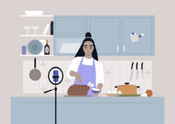 一个烹饪节目，一个年轻的亚洲女性角色在镜头前烹饪一只烤火鸡，一部手机放在三脚架上图片下载