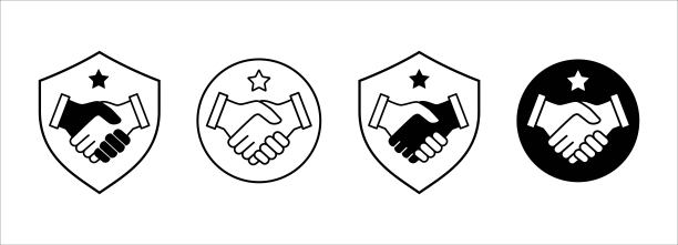 握手的图标集。业务协议向量图标。象征着工作交易、相互关系、合作、牢固的伙伴关系、问候和友好。圆圈和盾牌里面的握手图像。图片下载
