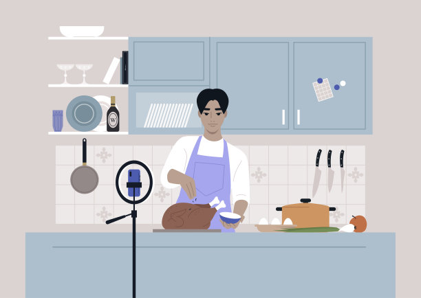 一场烹饪秀，一个年轻的亚洲男性角色在镜头前烹饪一只烤火鸡，一部手机放在三脚架上图片下载