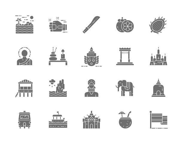泰国文化灰色图标集。弯刀，泰拳，山竹等等。图片下载