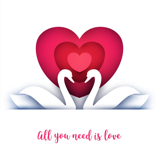 卡通两只天鹅和心形的现代剪纸风格。极简的彩色设计组成。模板背景横幅，邀请，贺卡，封面，海报。矢量插图。图片下载