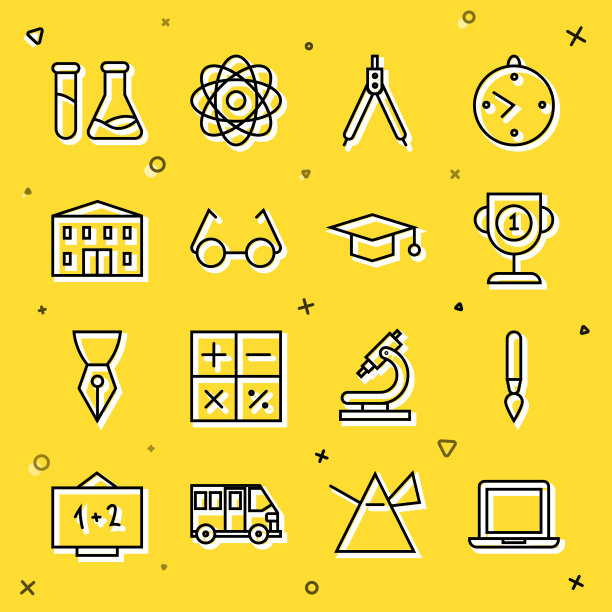 集线笔记本电脑，油漆刷，奖杯，绘画指南针，眼镜，学校建筑，试管和烧瓶和毕业帽图标。向量图片下载