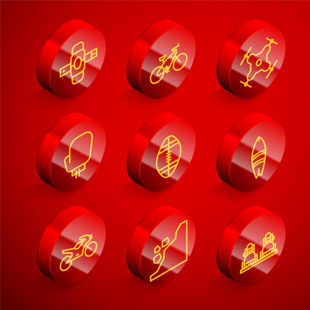 设置线膝垫，自行车，无人机飞行，拳击手套，橄榄球，冲浪板，摩托车和滑坡图标。向量图片下载