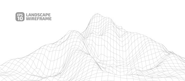 抽象物体在高原景观线框网格。网络、计算机图形。图片下载