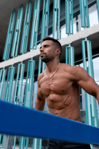 垂直照片的赤膊健身强壮的男人做三头肌软体操训练，户外健身房的概念图片下载
