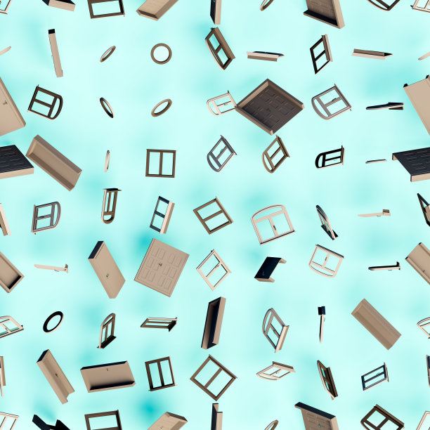 3 d渲染。无缝模式的窗块和不同类型的门道，随机散落。图片下载