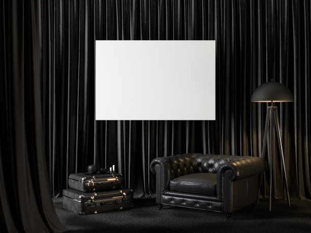 黑色内饰，窗帘，扶手椅，空白海报和装饰。3d渲染插图模型。图片下载