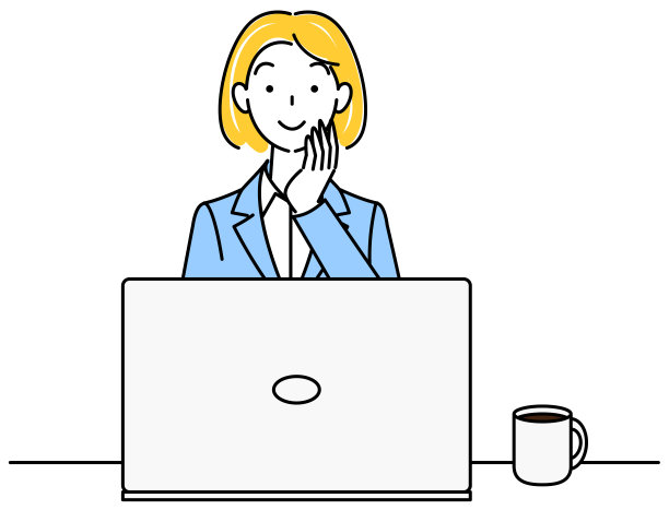 可爱的女人在西装坐在电脑前思考积极的想法插图向量图片下载