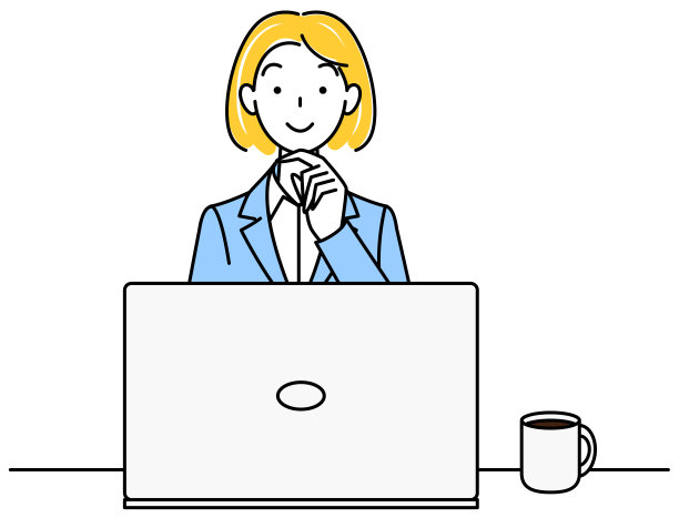 可爱的女人在西装坐在电脑前思考积极的想法插图向量图片下载