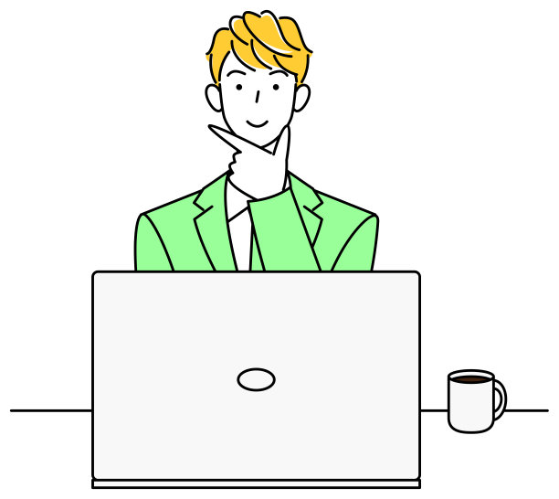 可爱的男人在西装坐在电脑前思考积极的想法插图向量图片下载