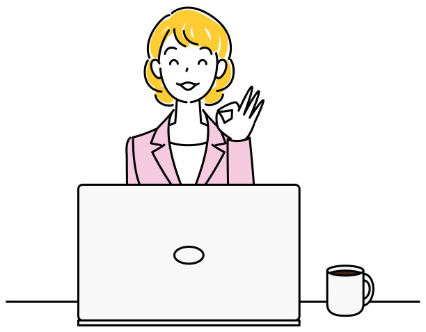 可爱的女人在西装坐在电脑前做着OK姿势插图向量图片下载