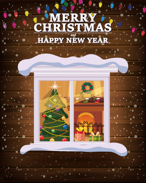 圣诞窗口，夜晚，装饰花环复古，客厅圣诞树。庆祝圣诞节和新年假期。矢量插画平面卡通风格图片下载