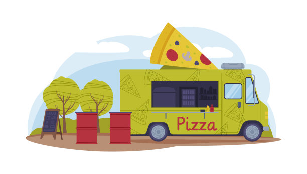 明亮的绿色食品卡车在公园区域烹饪和销售街头食品矢量插图图片下载