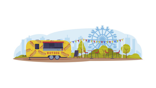 明亮的黄色食品卡车在绿色公园区域烹饪和销售街头食品矢量插图图片下载