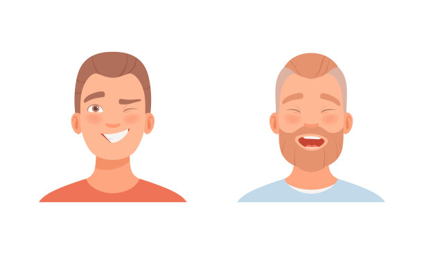 男人头部与微笑和大笑作为面部表情向量集图片下载