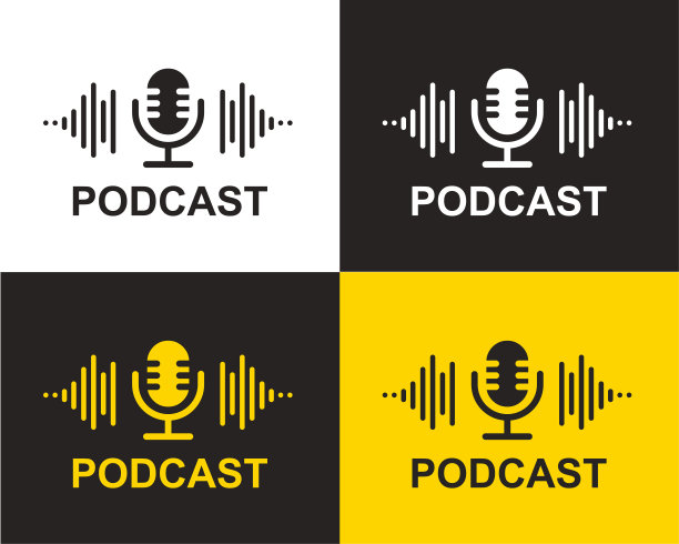 播客。矢量平面插图，图标，标志设计在灰色，黄色和白色的背景图片下载