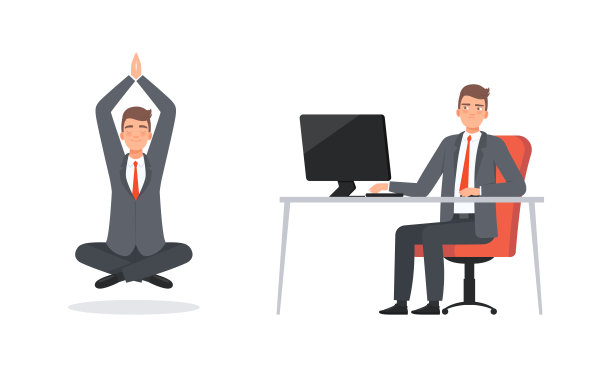 商人或办公室职员穿着西装和红色领带坐在笔记本电脑和冥想瑜伽姿势向量集合图片下载