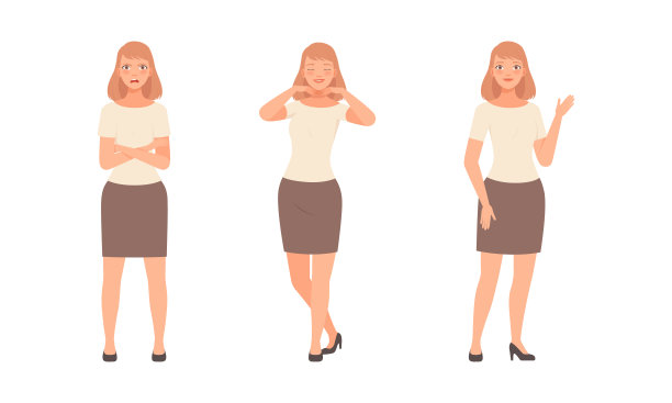 年轻女子表达不同的情感在愤怒中折叠手臂和挥动手向量集图片下载